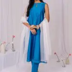 Blue Sleeveless Floral Lace Chanderi Kurta Set (Set of 3)