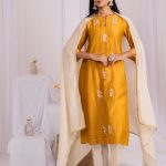 Mustard Chanderi A-line Kurta With Floral Embroidery Kurta Set (Set of 3)