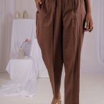 Brown Cotton Silk Elasticated Waist Pants