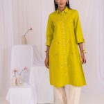 Lemon Green Linen Hand Embroidered Kurta