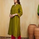 Olive Green Hand Embroidered Cotton Silk Samara Kurta